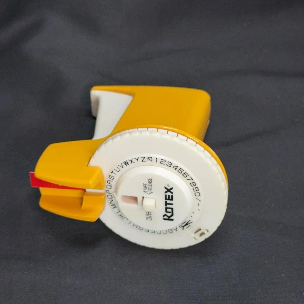 Vintage Rotex 3/8in Embossing Label Maker Yellow Handheld USA Primark Tape Gun